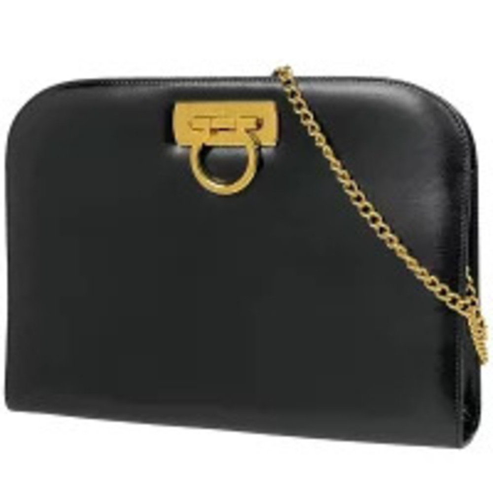 Salvatore Ferragamo Gancini Chain Shoulder Bag Clutch Leather Black